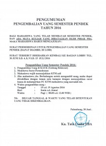 Pengumuman Pengembalian Uang Semester Pendek 2016
